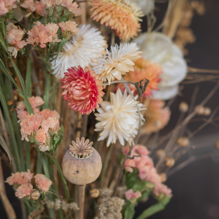 A vibrant dried flower bouquet showcasing white, beige, pink, and red blossoms with assorted foliage and a dried poppy seed head set against a dark background.
