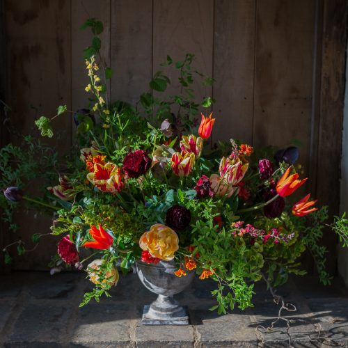 The Flower Club showcases a striking floral arrangement with red, orange, and yellow blooms complemented by green foliage in a stone vase on brick, all elegantly set against a wooden backdrop.