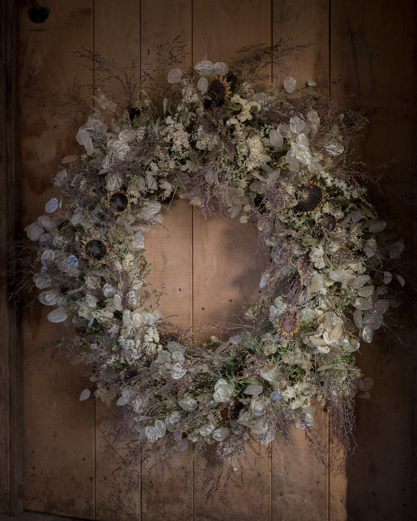 Dried silver dollar and sunflower wreath