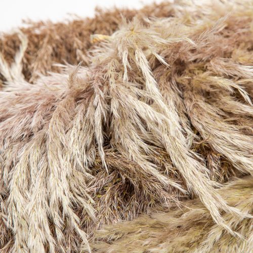 Close-up of a shaggy, textured fabric with varying brown and beige tones resembling fur or feathers.