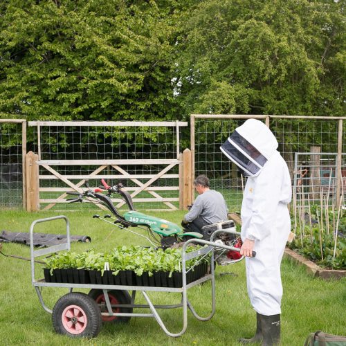 In a grassy area, a person wearing a beekeeping suit stands beside a cart filled with plants, while another crouches with a gardening tool. Nearby is the fenced garden where participants from the Farmer-Florist Workshop: Establishing A Cut Flower Patch cultivate their blooms against the backdrop of trees.