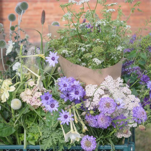 Design Workshop: The Field to Vase bouquet features purple, white, and green flowers wrapped in paper and displayed in a metal basket against a brick wall.