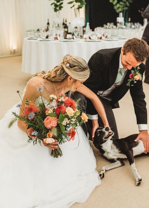 Bride and groom with bouquet