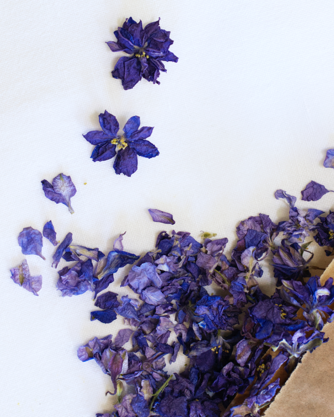 Blue dried larkspur confetti petals scattered on a white surface, some spilling out from a brown paper bag.