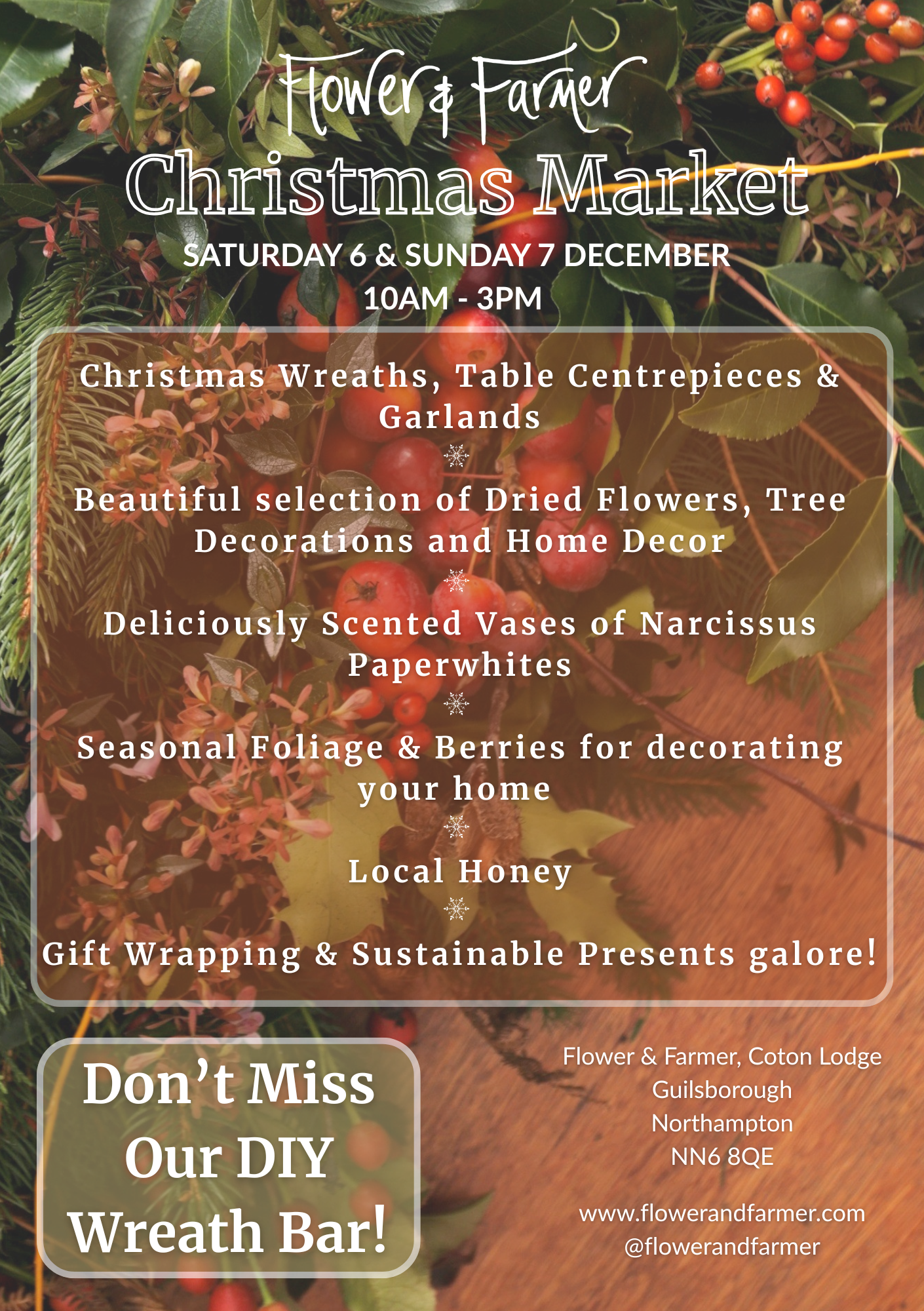 Christmas market poster listing wreaths, flowers, seasonal décor, foliage, berries, local honey, gift wrapping, eco gifts & DIY wreath bar. Event details and venue included.